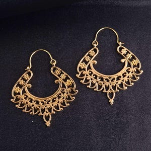 Elegant Antique Gold Plated Filigree Hoop Earrings | Traditional Ethnic Floral Design Dangle Earrings for Women & Girls