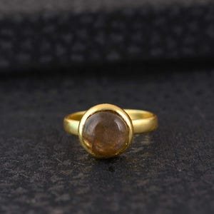 Gold Plated Labradorite Ring | Round Bezel Set Cabochon | Minimalist Gemstone Jewelry Gift for Women