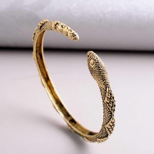 Gold Snake Head Cuff Bracelet – Detailed Serpent Scale Design Adjustable Bangle