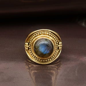 Labradorite Brass Ring for Men & Women, Boho Tribal Statement Ring, Handmade Adjustable Gemstone Jewelry, Vintage Style Gift for Her