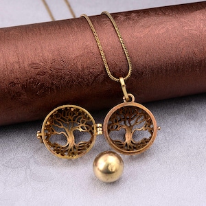 Tree of Life Harmony Ball Necklace, Gold Filigree Bola Pendant, Pregnancy Chime Necklace, Spiritual Jewelry, Gift for Mom-to-Be