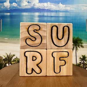 Surf Wood Cube Beach Art Surf Shop Wooden Sign Coastal Beach Surf Baby Nursery Beach Themed Kids Room Alphabet Block Surfer Gift