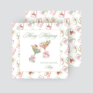 May include: Christmas-themed gift tags with a Mahjong design. The tags feature a watercolour design with cocktails, Mahjong tiles, and the text "Merry Mahjong". The tags are white with a repeating pattern of Christmas-themed Mahjong tiles.
