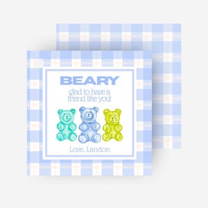 Pu&ograve; includere: Biglietto quadrato con sfondo a motivo a quadretti azzurro chiaro. Il biglietto presenta il testo "BEARY glad to have a friend like you!" e "Love, Landon". Tre illustrazioni di orsetti gommosi ad acquerello sono al centro, in verde acqua, blu e giallo.