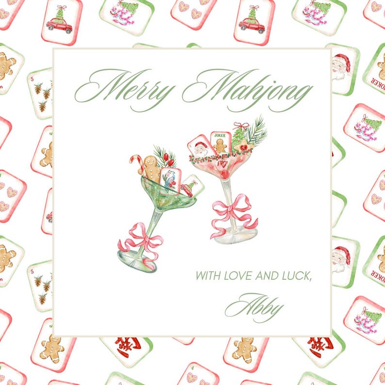 May include: A watercolour illustration featuring the text "Merry Mahjong" and two martini glasses filled with Christmas-themed mahjong tiles and decorations. The glasses are tied with pink bows. The background has repeating Christmas mahjong tiles.