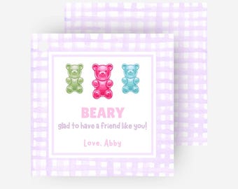 Etichette regalo personalizzate con orsetti gommosi di San Valentino per bambini, studenti, classi, insegnanti, etichette regalo a quadretti rosa e viola - Download digitale