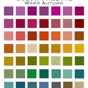 Może przedstawiać: Paleta kolorów zatytułowana COLOR PALETTE WARM AUTUMN, zawierająca siatkę czterdziestu dziewięciu oddzielnych kwadratowych próbek kolorów. Siatka przedstawia różnorodne odcienie, w tym fiolety, czerwienie, pomarańcze, żółcie, zielenie, błękity i brązy.