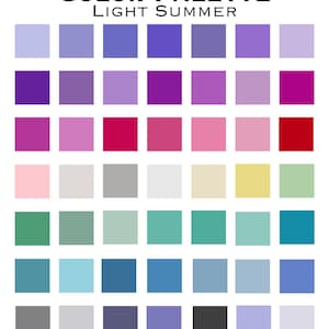 Puede incluir: Una paleta de colores titulada COLOR PALETTE LIGHT SUMMER, que presenta una cuadrícula de cuarenta y nueve muestras de color cuadradas distintas dispuestas en siete filas y siete columnas, mostrando una variedad de tonos azules, morados, rosas y verdes.