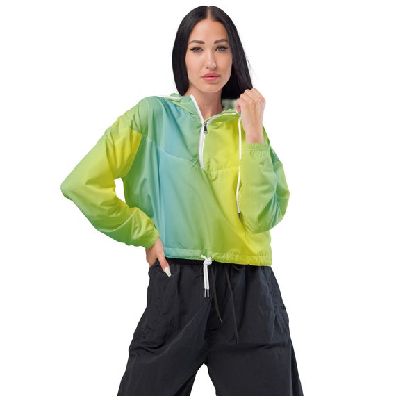 Turquoise and Neon Yellow Women's Cropped Windbreaker - Hoodie Windbreaker  , Gradient Turquoise to Yellow Ombre Print - Etsy Canada