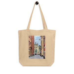 Stockholm Eco Tote Bag - Old Town, Shopping with Swedish flag; Swedish gifts, Scandinavian gifts, organic cotton tote bag