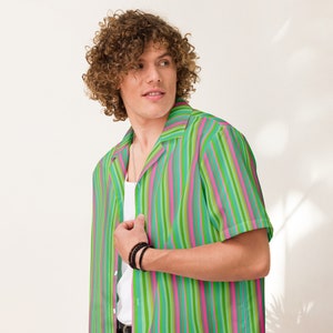 Bright Green and Pink Stripe Unisex button shirt - Neon Lime Green and Pink Stripe Print Short Sleeve Button Down Shirt
