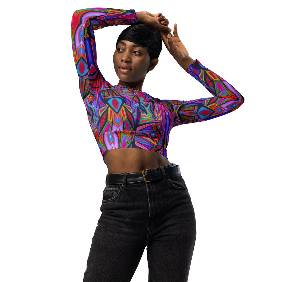 Recycled Maximalist Style Long-sleeve Crop Top - Red and