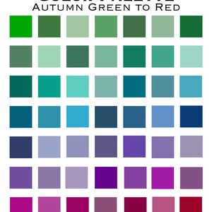 Pode incluir: Uma tabela de paleta de cores intitulada COLOR PALETTE AUTUMN GREEN TO RED, apresentando uma grade de 49 amostras de cores quadradas dispostas em sete linhas e sete colunas, variando de vários tons de verde para azul, roxo e vermelho escuro.