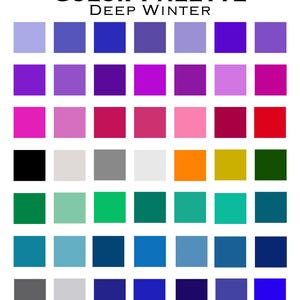 May include: A color palette chart titled COLOR PALETTE DEEP WINTER, featuring a grid of 49 distinct square color swatches. The colors include various shades of blue, purple, pink, red, green, yellow, orange, gray, black, and white.