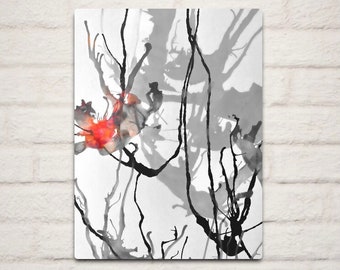 Abstract Ink Painting; Abstract Impressionism Black and Gray with Poppy Red - Digital Download - Contemporary Minimalist - Digital Art Print