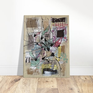 Lienzo, marco de madera sostenible, técnica mixta, impresión de arte reciclado - "No. 71" original en cartón de envío