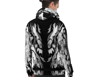 Recycled Hoodie: Kaleidoscope Black and White Abstract Art Print