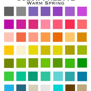 Może przedstawiać: Tabela palety kolorów zatytułowana COLOR PALETTE WARM SPRING, zawierająca siatkę czterdziestu dziewięciu oddzielnych kwadratowych próbek kolorów ułożonych w siedem rzędów i siedem kolumn, prezentująca szeroką gamę odcieni, w tym fiolety, róże, pomarańcze, żółcie, zielenie, błękity i neutralne barwy.