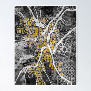 Impresión de arte de descarga digital de medios mixtos abstractos en negro y dorado - Arte reciclado, "Orígenes", tinta, collage, arte digital, impresión de arte de cartón