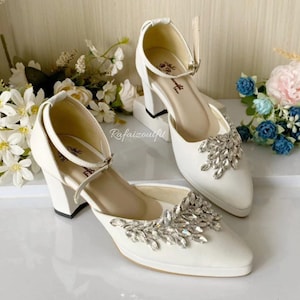 Crystal Embellished White Bridal Heels, Comfortable Chunky Heel Wedding Shoes