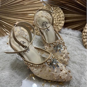 Ankle Strap Pearl Lace Heels, Embellished Wedding Shoes,mBeaded Bridal Pumps, Elegant Crystal Block Heels, Wedding Heels