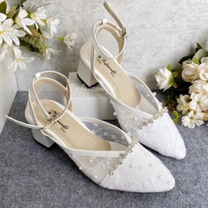 White Lace Bridal Heels | Wedding Shoes with Pearl Strap, Elegant Ankle Strap Low Block Heel for Bride, Ladies Bridal Shoes, Wedding Heels