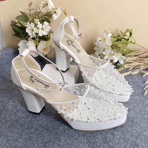 White Bridal Block Heels with Pearls | Elegant Lace Wedding Shoes for Women | Chunky Heels with Ankle Strap for Bride or Party