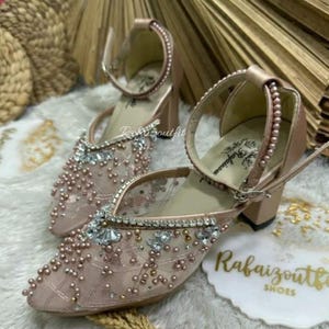 Elegant Pink Pearl Embellished Heels | Handmade Wedding & Party Shoes | Bridal Shoes with Rhinestones | Comfortable Block Heel Pumps