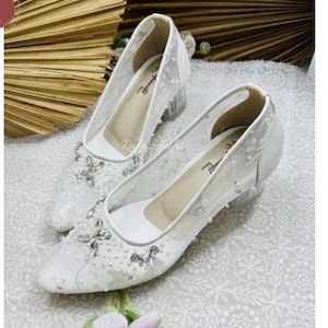 White Bridal Pumps, Floral Embroidery, Pearl Beaded Wedding Heels