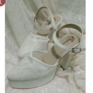 White Lace Platform Bridal Heels | Chunky High Heel Wedding Shoes with Ankle Strap | Closed Toe Bride Shoes Wedding Heels, Sandals Wedding