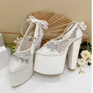 Ladies Bridal Shoes, White Platform Bridal Heels with Lace and Pearls | Chunky Wedding Shoes with Bow | Wedding Heels | Sandals Bridal