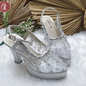 Silver Pearl Platform Heels – Elegant Slingback Party Shoes with Beaded Lace | Chunky High Heels for Women | Wedding Heels | Woman Shoes
