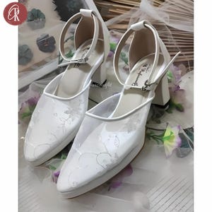 White Closed Toe Heels for Bride –Block Heel Wedding Shoes with Ankle Strap, Ladies Bridal Shoes, Wedding Shoes, Wedding Heels