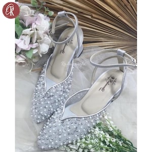 Silver Pearl Wedding Heels | Closed Toe Mesh Bridal Shoes, Elegant Block Heel Bridal Pumps, Formal Party Shoes, Bridal Sandals