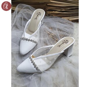 White Crystal Bridal Slingback Heels, Elegant Closed Toe Wedding Shoes, Chunky Heel Bride Mules, Wedding Heels, Women Shoes
