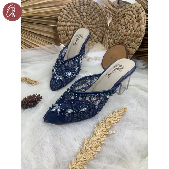 Scarpe con tacco in pizzo blu navy, sabot da sera con perline