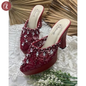 Red Lace Beaded Platform Heels | Handmade Bridal Party Shoes, Elegant Chunky High Heel Mules, Wedding Heels, Women Shoes, Bridal Shoes