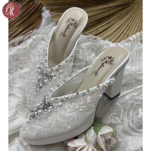 Ladies Bridal Shoes, White Lace Bridal Mules – Pearl Embellished High Heel Wedding Shoes for Bride - Wedding Heels - Women Heels
