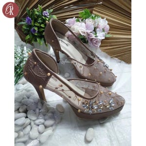 Embroidered High Heels | Beaded Mesh Wedding Pumps | Closed Toe Formal Party Shoes | Wedding Heels | Ladies Bridal Shoes | Evening Shoes