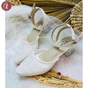Ladies Bridal Shoes, White Lace Heels, Transparent Block Heel Bridal Shoes for Wedding or Party, Women&#39;s Low Heels, Evening Shoes