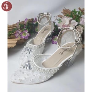 Bridal Heels with Pearls and Rhinestones – Clear Block Heel Wedding Shoes, Elegant Lace Ankle Strap Pumps, White Wedding Shoes for Bride