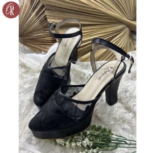 Black Lace Platform Heels, Vintage Chunky Heel Wedding Shoes