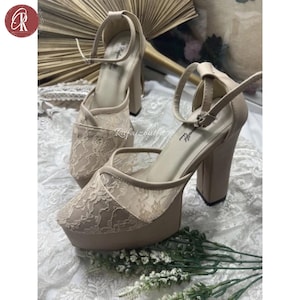 Lace Platform Heels for Women, Chunky High Heel Shoes , Elegant Bridal & Party Pumps with Ankle Strap, Women Heels, Wedding Heels