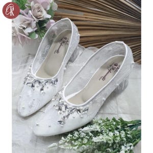 Ladies Bridal Shoes | White Closed Toe Wedding Shoes with Pearls & Rhinestones | Comfortable Transparent Block Heel for Bride