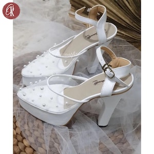 Elegant White High Heel Shoes with Pearl Accents | Bridal Platform Heels | Wedding Party Shoes | Stylish Women&#39;s Dress Shoes | Wedding Heels