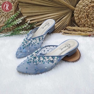 Blue Beaded Mules for Women, Slip-On Mesh Heels with Pearls & Embroidery, Elegant Wedding Party Shoes, Modest Pointed Toe Dress Mules