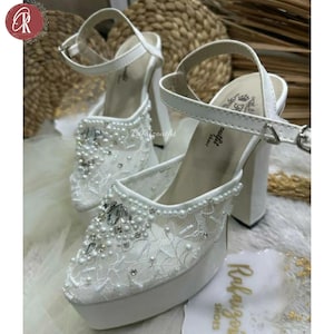 Elegant White Bridal Platform Heels with Pearls and Lace |  Wedding Shoes | Chunky High Heels | Bridal Party Shoes | Women Shoes