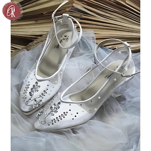 Bridal Heels with Rhinestone Floral Design – White Wedding Shoes with Ankle Strap, Elegant Heels, Bridal Shoes , Women Heels