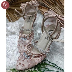 Ladies Bridal Shoes, Rose Gold Beaded Heels with Bow – Elegant  Party Shoes for Women | Wedding Heels | Evening Heels | Bridesmaids Shoes