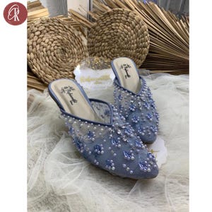 Blue Beaded Lace Heels with Transparent Heel, Elegant Floral Embellished Slip-On Mules, Party or Wedding Shoes for Women, Wedding Heels